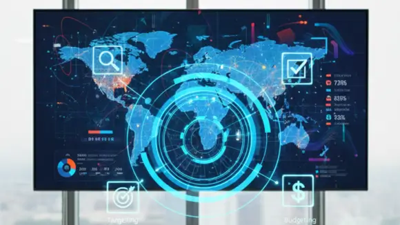 Professional digital marketing workspace highlighting ads management services with data visualizations, ROI tracking graphs, and campaign performance charts.