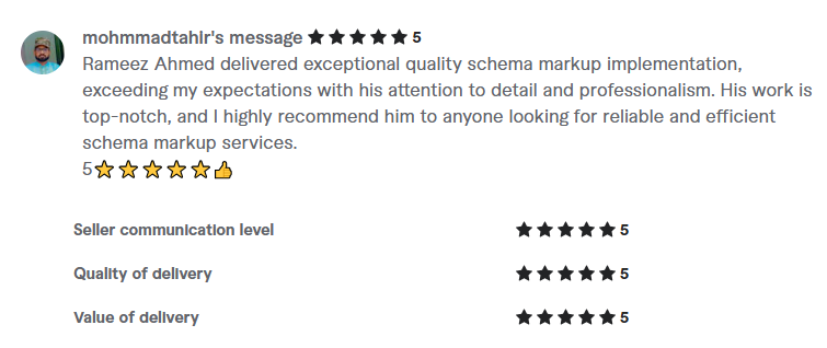 5-star client review for schema markup service by Rameez Digital Hub