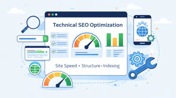 Technical SEO services illustration showing site speed, structure, and indexing optimization