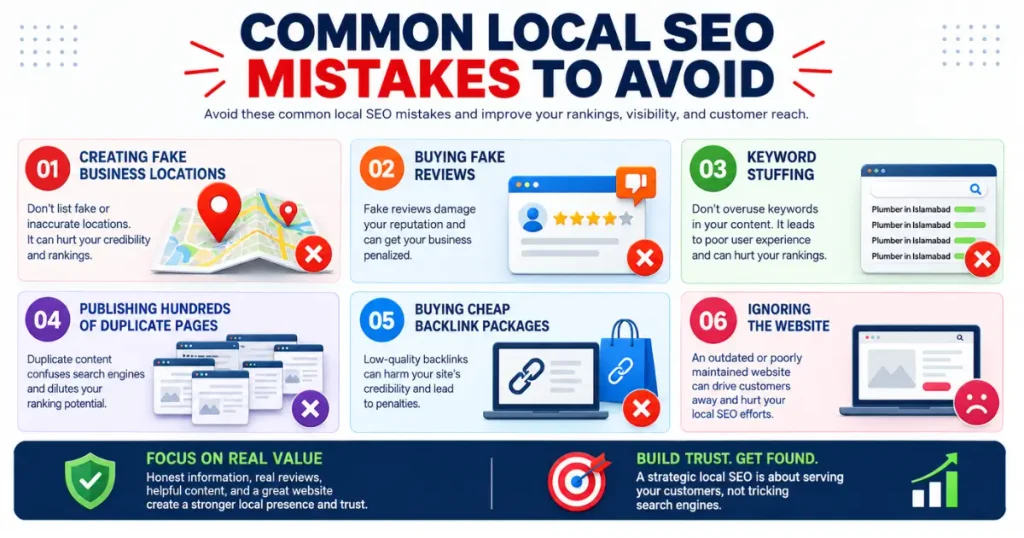 Infographic detailing common local SEO for small businesses mistakes to avoid, including fake locations, keyword stuffing, duplicate pages, and buying fake reviews.