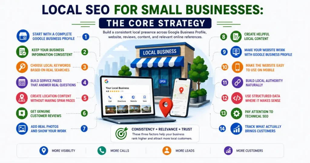 Infographic illustrating local SEO for small businesses core strategy, detailing a 14-step checklist including Google Business Profile optimization, reviews, mobile responsiveness, and schema markup.