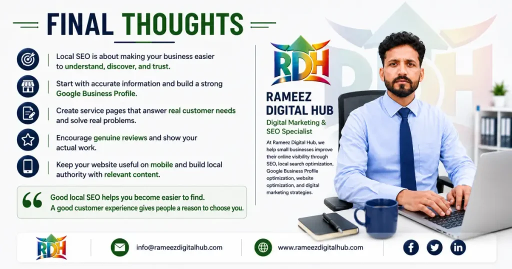 Infographic summarizing final thoughts on local SEO for small businesses, featuring key takeaways alongside Rameez Digital Hub branding and contact details.