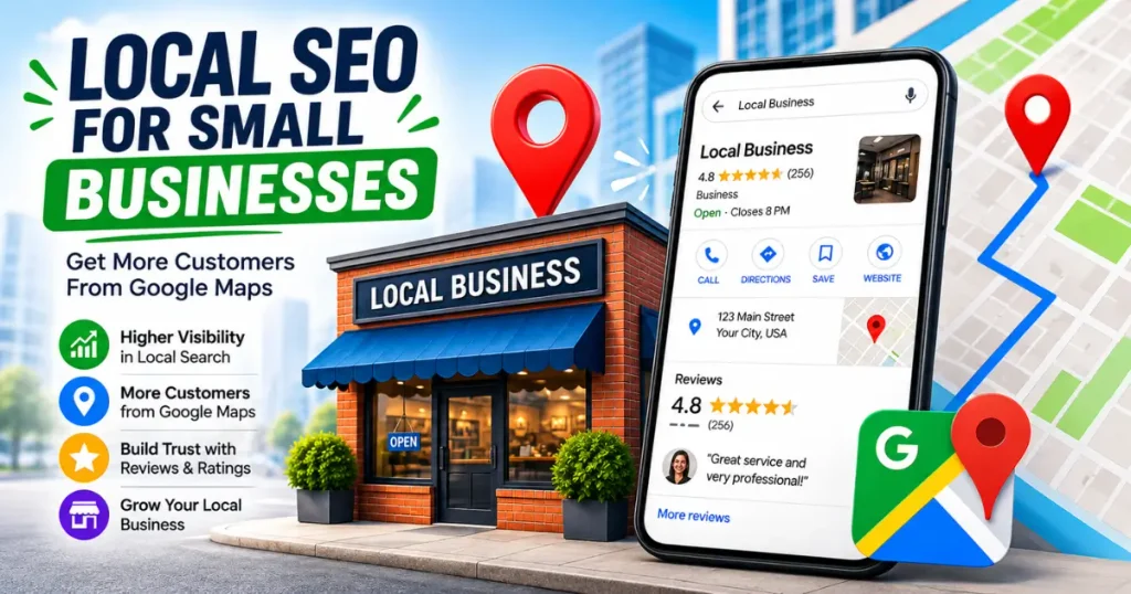 Local SEO for small businesses infographic showing a Google Maps smartphone listing next to a local storefront.