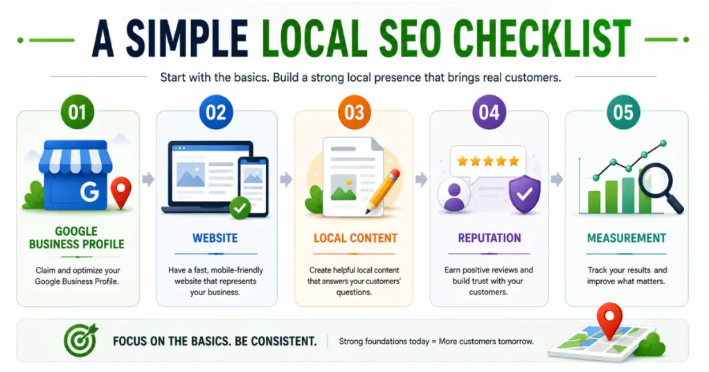 Infographic showing a 5-step simple local SEO for small businesses checklist featuring Google Business Profile, website optimization, local content, reputation management, and measurement.