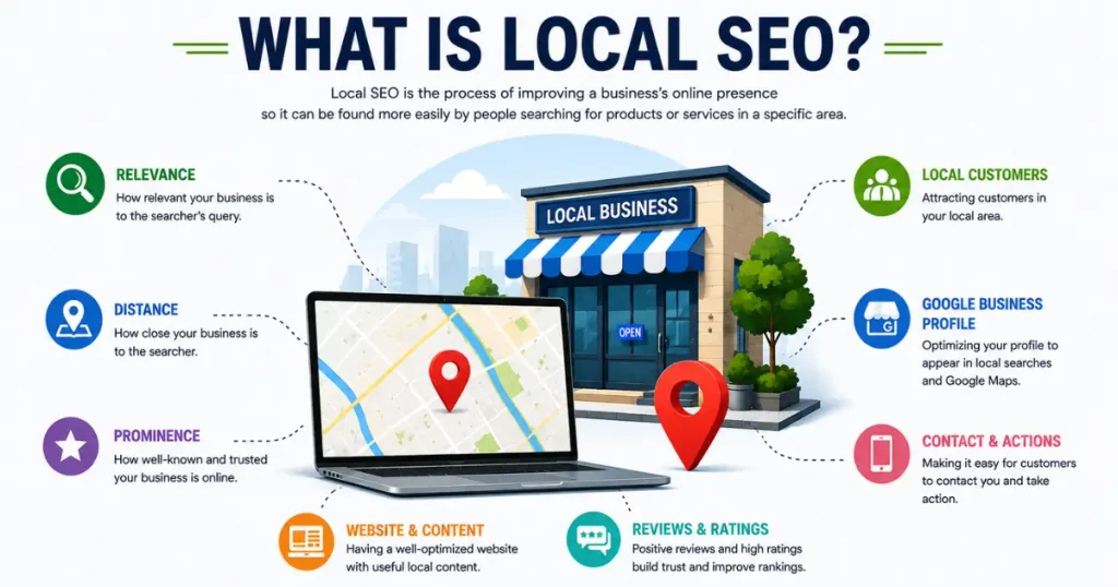 Infographic explaining local SEO for small businesses, showing core search factors including relevance, distance, prominence, and Google Business Profile optimization.