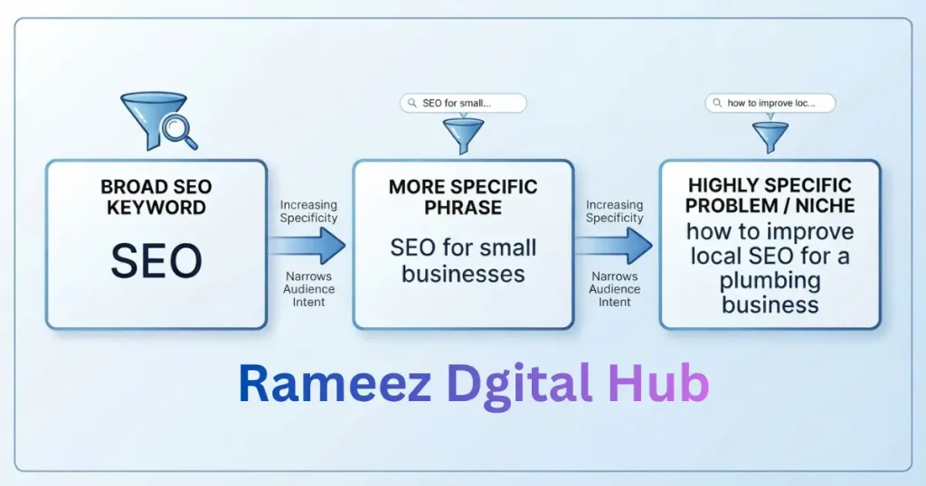 Diagram showing the progression from broad short-tail SEO keywords to specific long-tail keyword phrases
