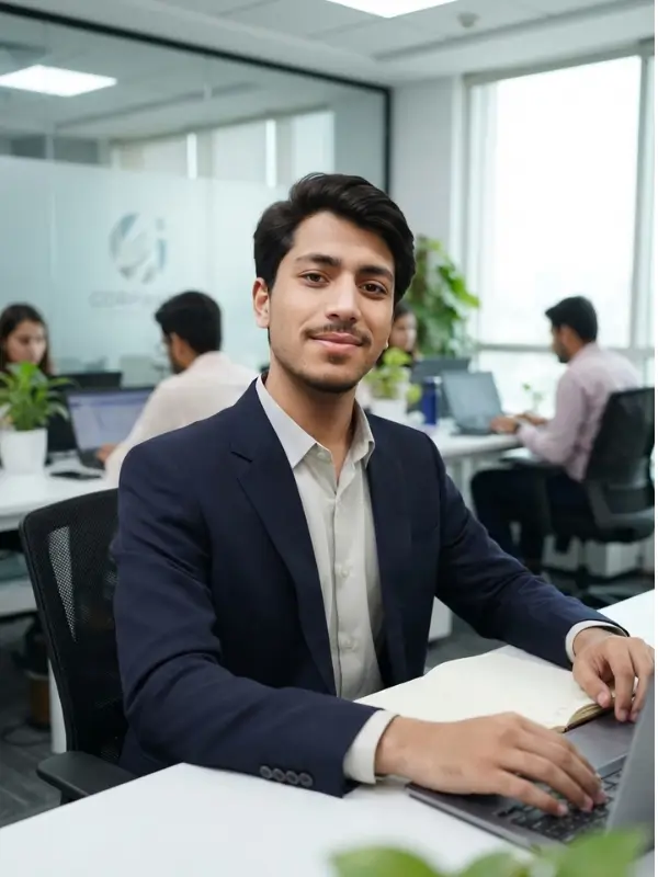 Qasim Hussain - Lead Front-End Developer at Rameez Digital Hub working on laptop