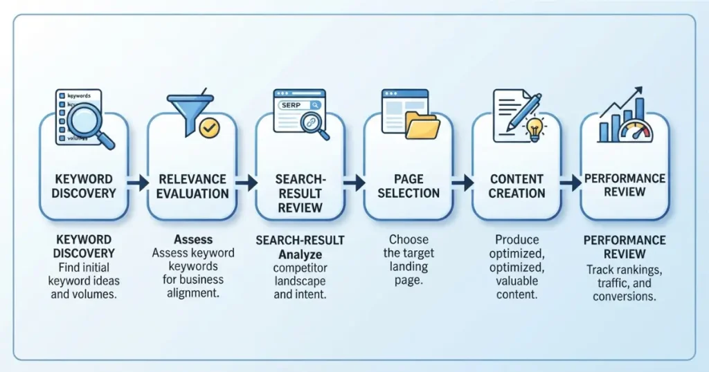 Professional SEO workflow chart showing the process of managing short-tail vs long-tail keywords from discovery to performance review